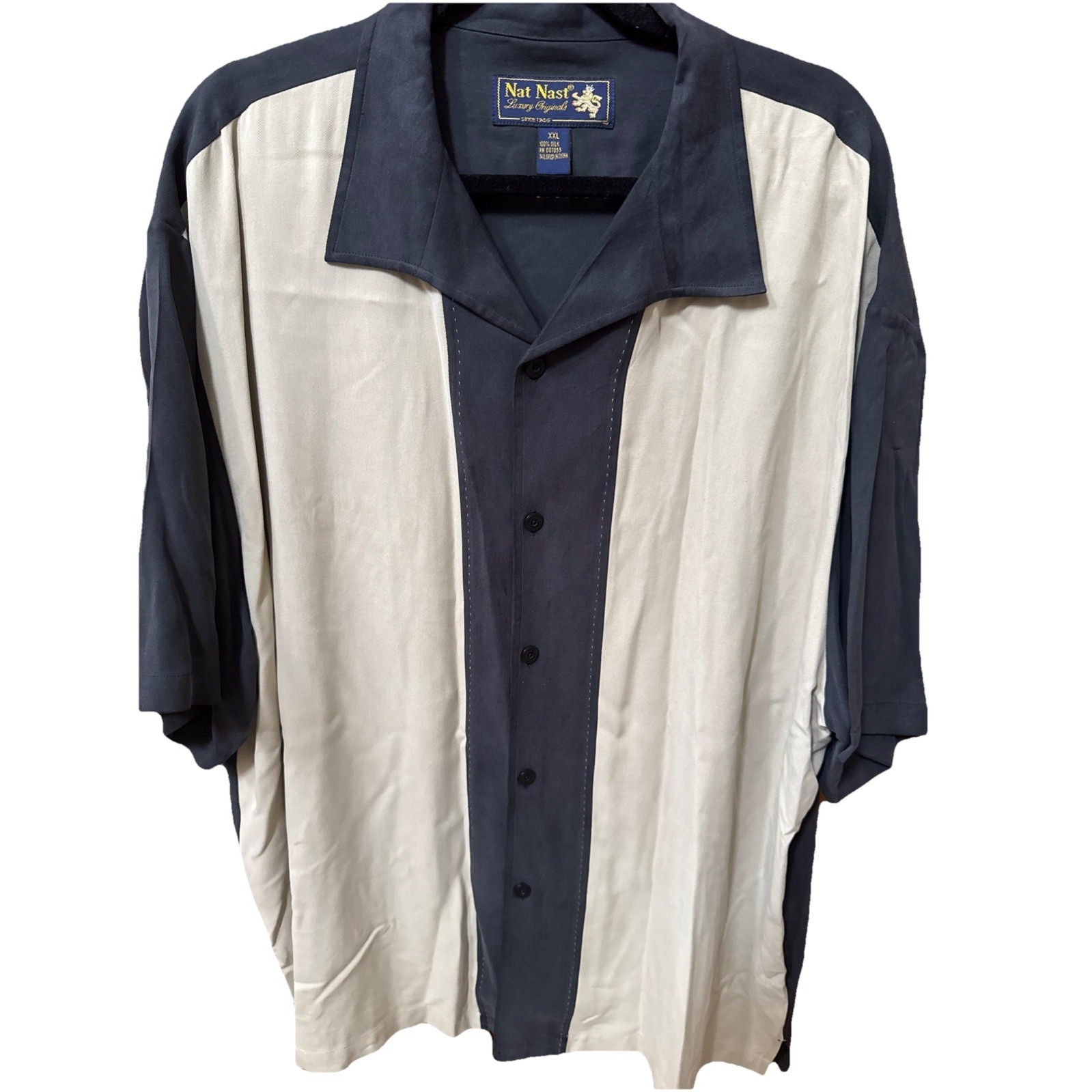Nat Nast Camp Shirt Mens 2xl Black/Tan Silk Short Sleeve Embroidered Trim Charli